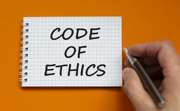 Código Conducta Símbolo Empresario Escribiendo Palabras Código Ética Nota Blanca — Foto de Stock