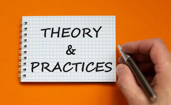 Theory Practice Symbol Businessman Writing Words Theory Practice White Note — Zdjęcie stockowe