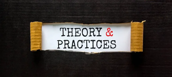Theory Practice Symbol Words Theory Practice Appearing Torn Black Paper — Zdjęcie stockowe
