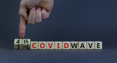 Covid-19 Corona virüsünün dördüncü dalgasının sembolü. Doktorlar küplere dönüşür, kelimeleri değiştirirler. 3. Covid dalgası, 4. Covid dalgası. Güzel gri arkaplan. Covid-19 konseptinin dördüncü dalgası. Boşluğu kopyala.