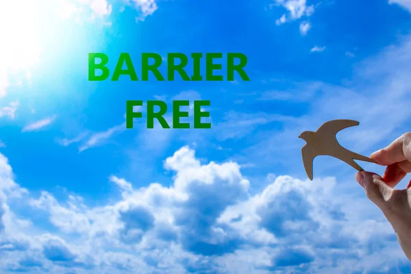Barrier free symbol. Businessman hand holding wooden bird on cloud blue sky background. Words 'Barrier free'. Sunshine. Business, diversity, inclusion, belonging and barrier free concept. Copy space.