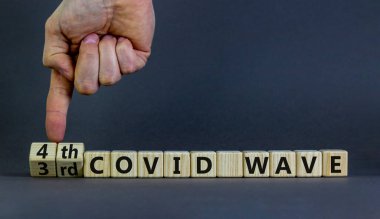 Covid-19 Corona virüsünün dördüncü dalgasının sembolü. Doktorlar küplere dönüşür, kelimeleri değiştirirler. 3. Covid dalgası, 4. Covid dalgası. Güzel gri arkaplan. Covid-19 konseptinin dördüncü dalgası. Boşluğu kopyala.