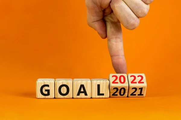 Planning 2022 Goal New Year Symbol Businessman Turns Wooden Cube — Stock Photo, Image