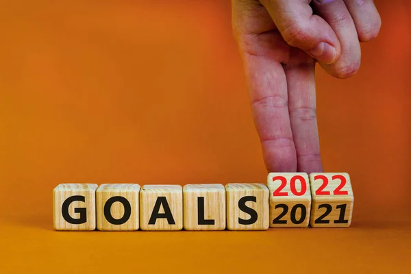 Planning 2022 Goals New Year Symbol Businessman Turns Wooden Cubes — Stock Photo, Image