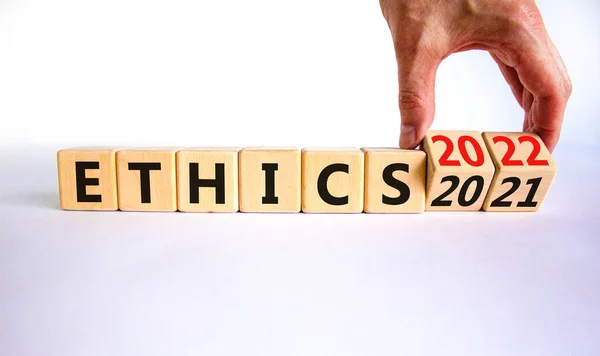 2022 Ethics New Year Symbol Businessman Turns Wooden Cubes Changes — Stock Photo, Image