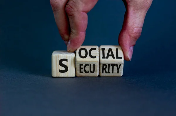 Social Security Symbol Businessman Turns Wooden Cubes Changes Word Social — Stock Photo, Image