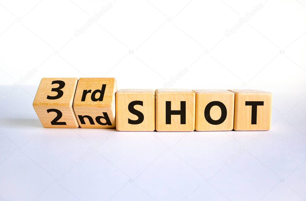 Covid-19 booster vaccine shot symbol. Turned cubes and changed words '2nd shot' to '3rd shot'. Beautiful white background, copy space. Covid-19 booster vaccine shot concept.