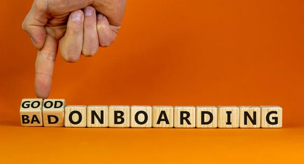 Goed Slecht Onboarding Symbool Zakenman Verandert Kubussen Verandert Woorden Slecht — Stockfoto