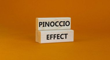 Pinokyo etkisi sembolü. Güzel bir turuncu arka plandaki tahta bloklar üzerinde Pinokyo etkisi. İş ve Pinokyo etkisi kavramı, kopyalama alanı.