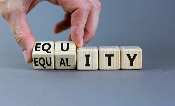 Equity Equality Symbol Businessman Turns Wooden Cubes Changes Word Equality — Stock Photo, Image