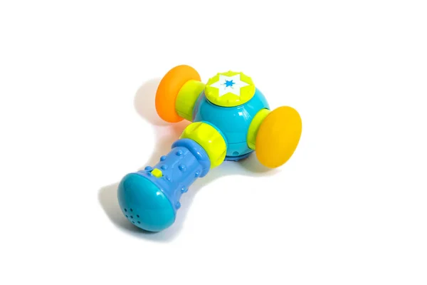青いプラスチック製のおもちゃのハンマー 子供のワークショップゲームツール 白地に隔離された — ストック写真