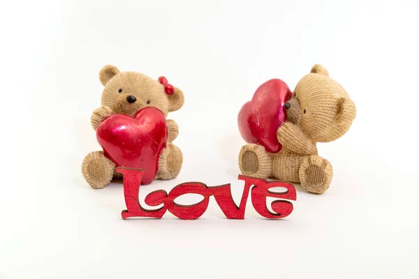 Couple Teddy Bears Toys Word Love Wooden Letters Red Hearts Stock Image