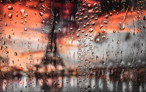Regen Regendruppels Het Raam Glas Avond Stad Lichten Macro Foto — Stockfoto