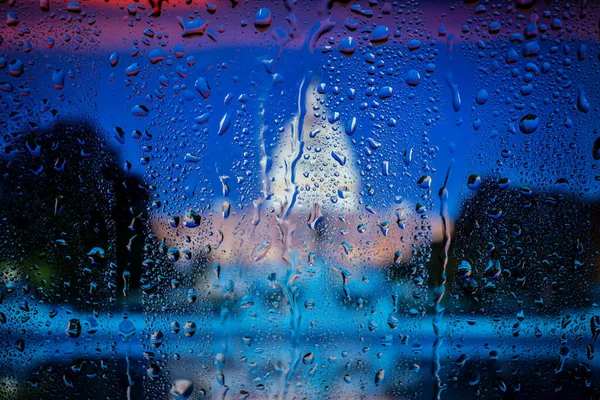 Goutte Pluie Sur Fenêtre Backgorund Est Brouillé Une Lumière Ville — Photo