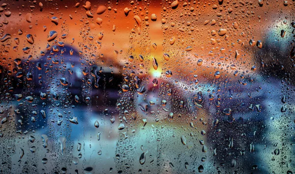 Goutte Pluie Sur Fenêtre Backgorund Est Brouillé Une Lumière Ville — Photo