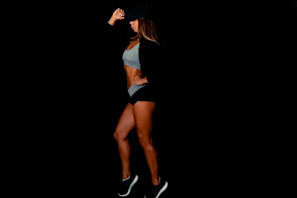Atraktivní Žena Která Ohýbá Černém Pozadí Sexy Fitness Model Tmavém — Stock fotografie