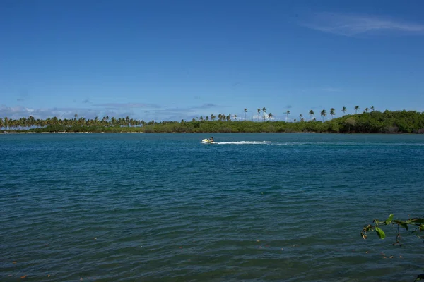 Prachtig Landschap Van Het Strand Vol Kokospalmen Een Jetski Een — Stockfoto