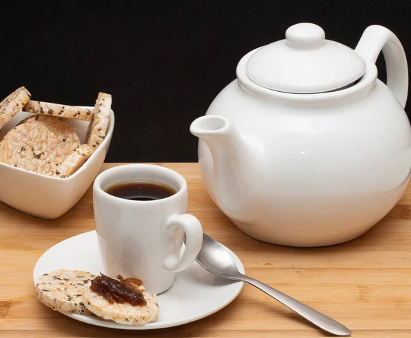 Cup Coffe Surounded Bowl Full Rice Cookies Coffee Pot — Fotografia de Stock