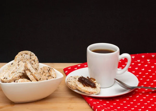 Cup Coffe Spoon Bowl Full Rice Vegan Cookies Jelly Top — Fotografia de Stock