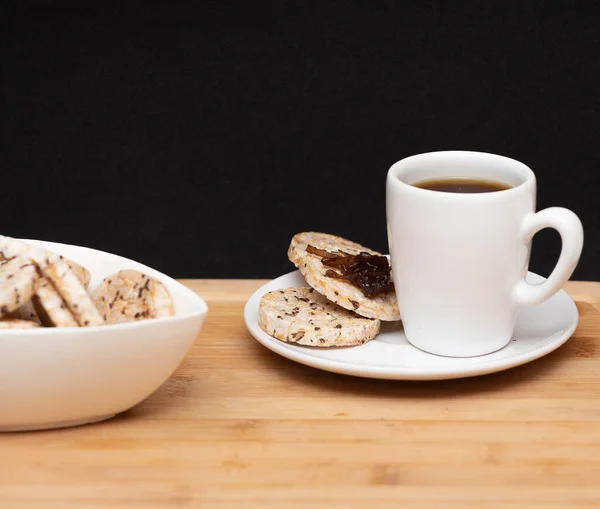 Cup Coffe Rice Vegan Cookies Jelly Top Bowl Full Rice — Fotografia de Stock