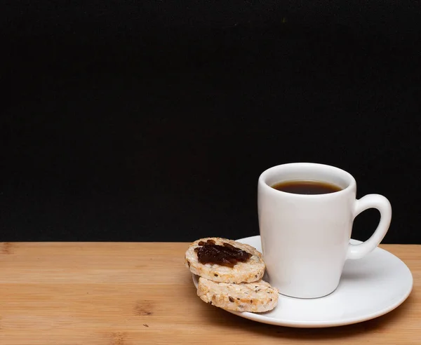 Cup Coffe Rice Vegan Cookies Jelly Top Wood Table — Fotografia de Stock