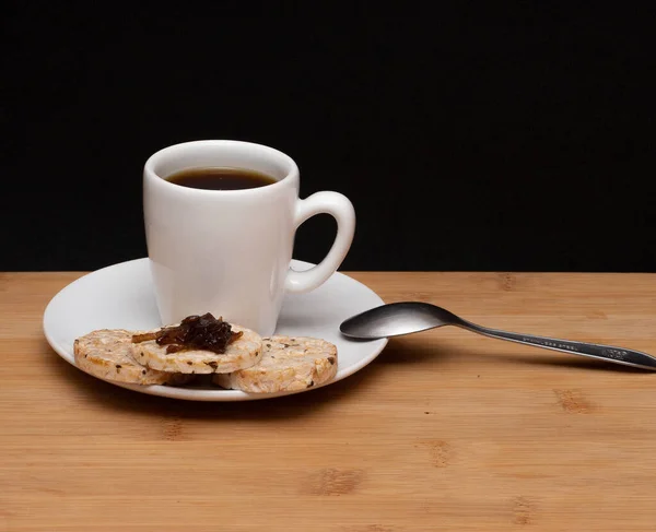 Cup Coffe Rice Vegan Cookies Jelly Top Spoon Wood Table — Fotografia de Stock