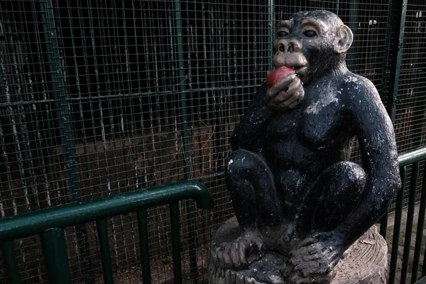 Zabawny Posąg Czarnego Szympansa Pobliżu Klatek Małp Zoo Kamienna Małpa — Zdjęcie stockowe