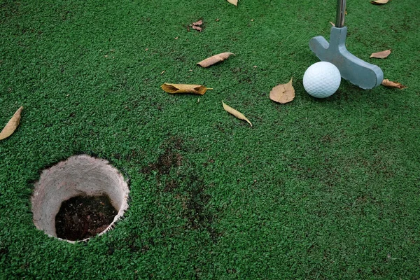 Minigolf Spelen Kunstgroen Gras Buiten Met Gevallen Bladeren Doelstellingen Stellen — Stockfoto