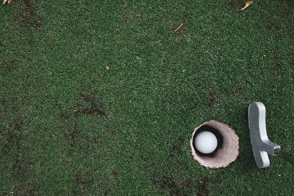Playing Mini Golf Artificial Green Grass Outdoors Setting Goals Winning — Stock Photo, Image