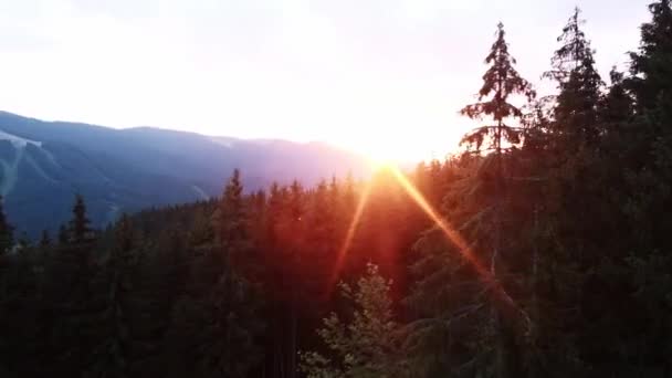 Ηλιοβασίλεμα Δέσμη Φωτός Όμορφη Κινηματογραφική Εναέρια Θέα Των Τελεφερίκ Σκι — Αρχείο Βίντεο
