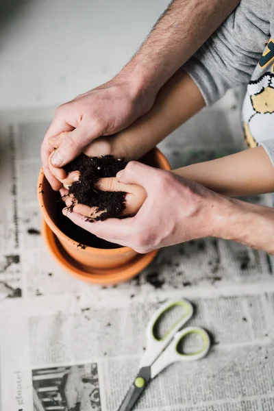 Father Child Hands Together Planting Seeds Flower Pot Topsoil Home Stock Photo