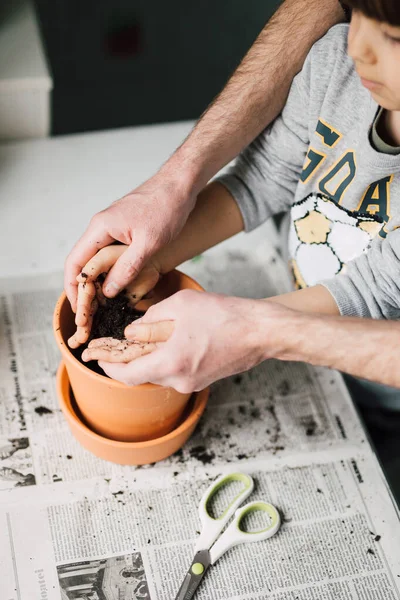 Pai Criança Mãos Juntas Plantando Sementes Vaso Flores Com Solo Imagem De Stock