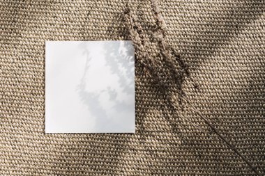 Gölgeli jüt tekstil üzerinde kurumuş bir bitki içeren kare davetiye maketi. Kopya alanı ile basit düz konum.