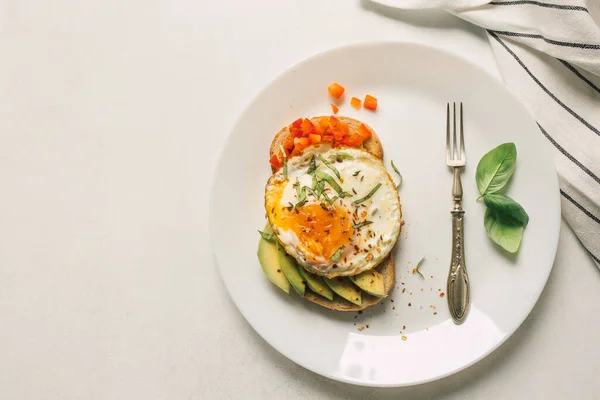 Breakfast Sandwich Flat Lay Fried Egg Avocado Slices Red Pepper Stock Picture