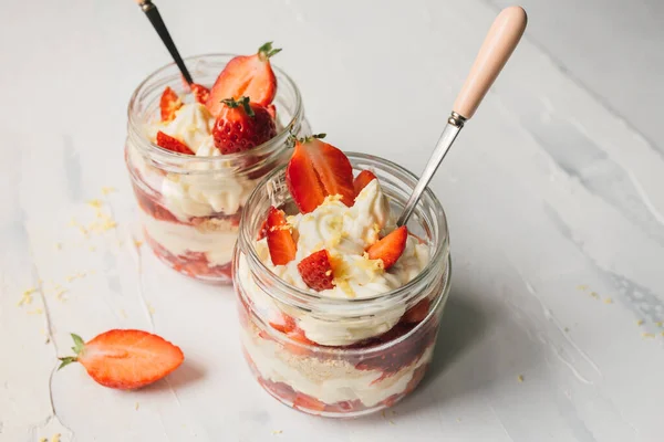 Sweet Food Mockup Couple Bake Strawberry Cheesecake Jars Dessert Spoons Stock Image