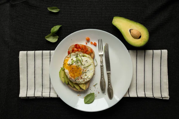 Breakfast Sandwich Flat Lay Fried Egg Avocado Slices Red Pepper Stock Photo