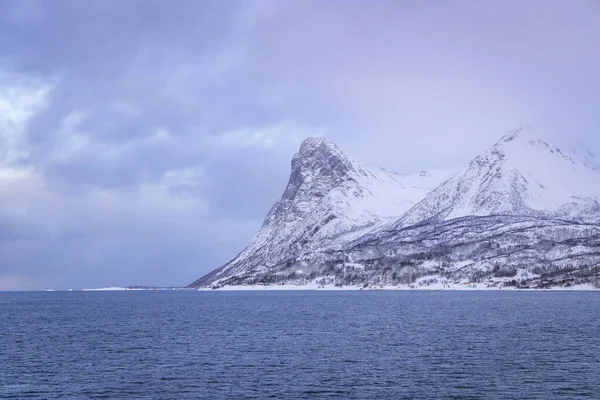 Montagne Innevate Lungo Costa Del Mare Norvegia — Foto Stock