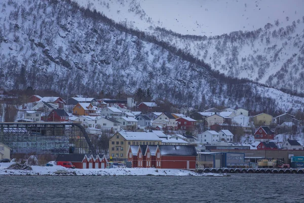 Norveç Vesteralen Bölgesindeki Küçük Stokmarknes Köyünde Renkli Evler — Stok fotoğraf