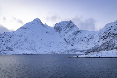 Norveç Denizi 'ndeki kıyı şeridi boyunca karlı dağlar 