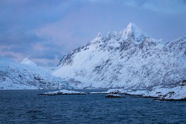 Norveç Denizi 'ndeki kıyı şeridi boyunca karlı dağlar 