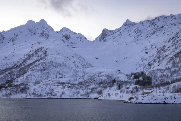 Montañas Con Nieve Largo Costa Mar Noruega — Foto de Stock