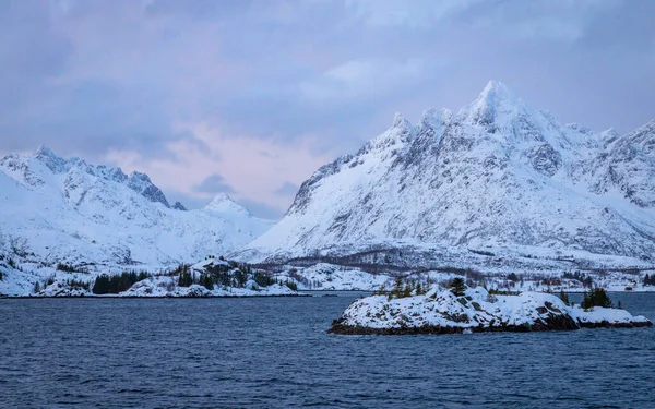 Montagnes Enneigées Long Littoral Mer Norvège — Photo