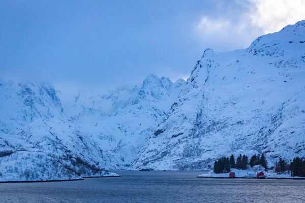 Montagnes Enneigées Long Littoral Mer Norvège — Photo