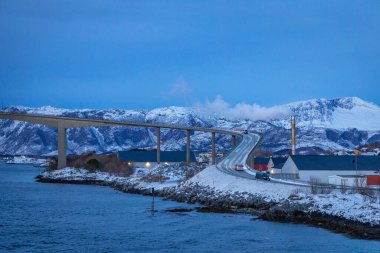 Norveç 'in deniz kıyısındaki Bronnoysund kasabası