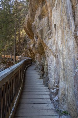 Tahta yol ve Alplerdeki dağ nehri üzerinde köprü.