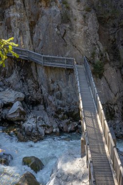 Tahta yol ve Alplerdeki dağ nehri üzerinde köprü.