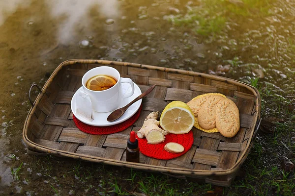 Breakfast Tray Ginger Hot Lemon Prevent Colds Winter — Stock Photo, Image
