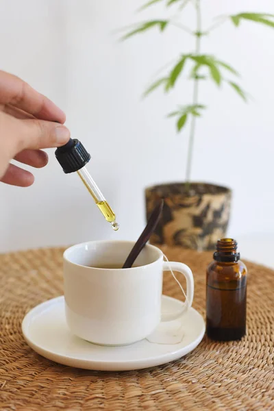 Kadın çay karışımına CBD yağı döküyor. İlave olarak tıbbi esrar kavramı