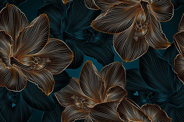 Vintage Πολυτέλεια Απρόσκοπτη Floral Φόντο Χρυσά Λουλούδια Amaryllis Ρομαντικό Πρότυπο — Διανυσματικό Αρχείο