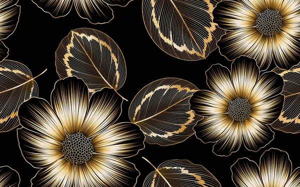华丽的金黄色无缝花纹 有宇宙之花和花叶 图库插图